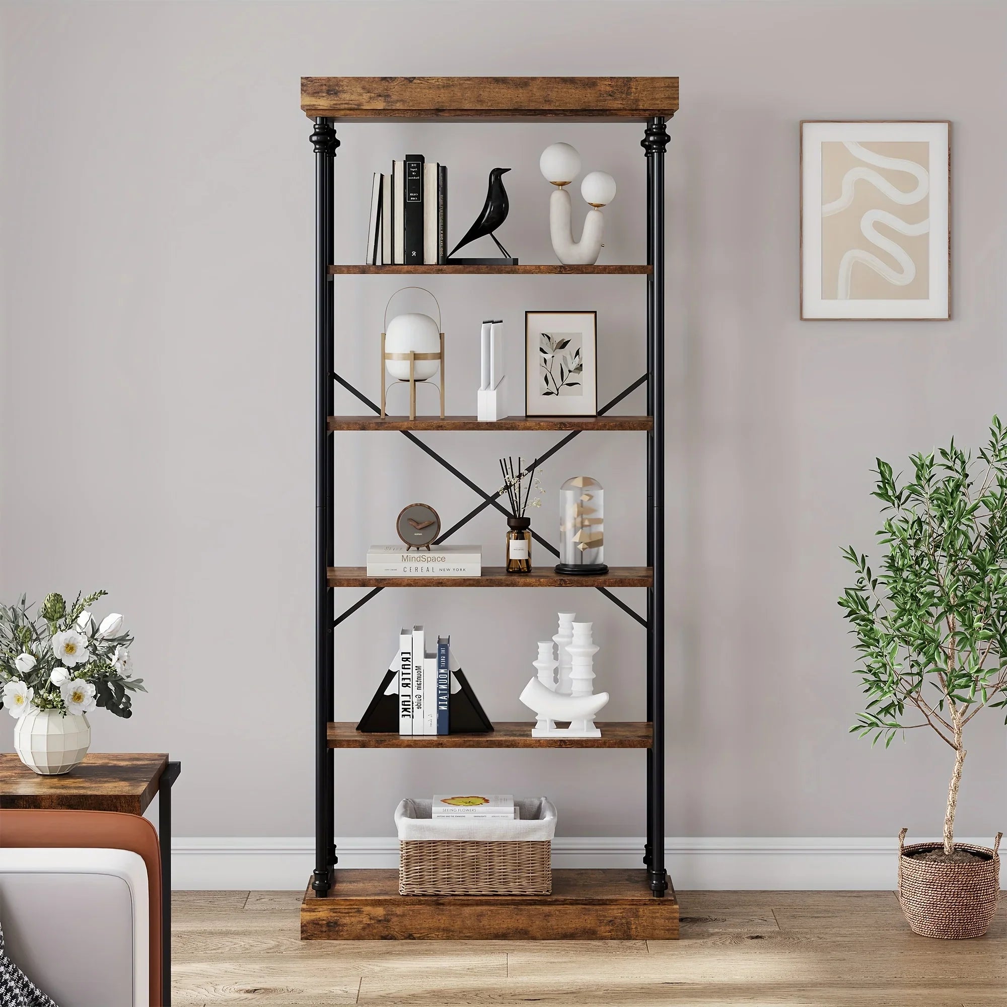 6-tier Industrial Style Bookshelf, 186.94 Cm High, Rustic Bookcase, Metal Frame, Vintage Wood Bookshelf,... - House Of Avana