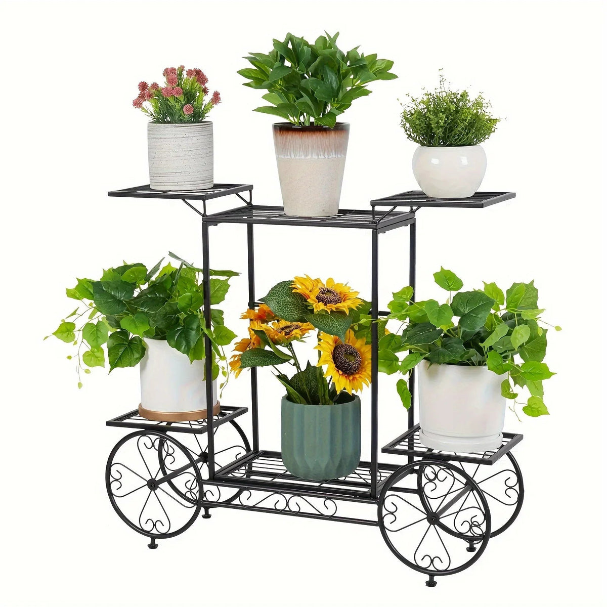 6-tier Metal Garden Cart Stand Iron Plant Rack Home Porch Flower Display Holder, close-up view - House Of Avana [[SKU:HOA-GDN-011]]