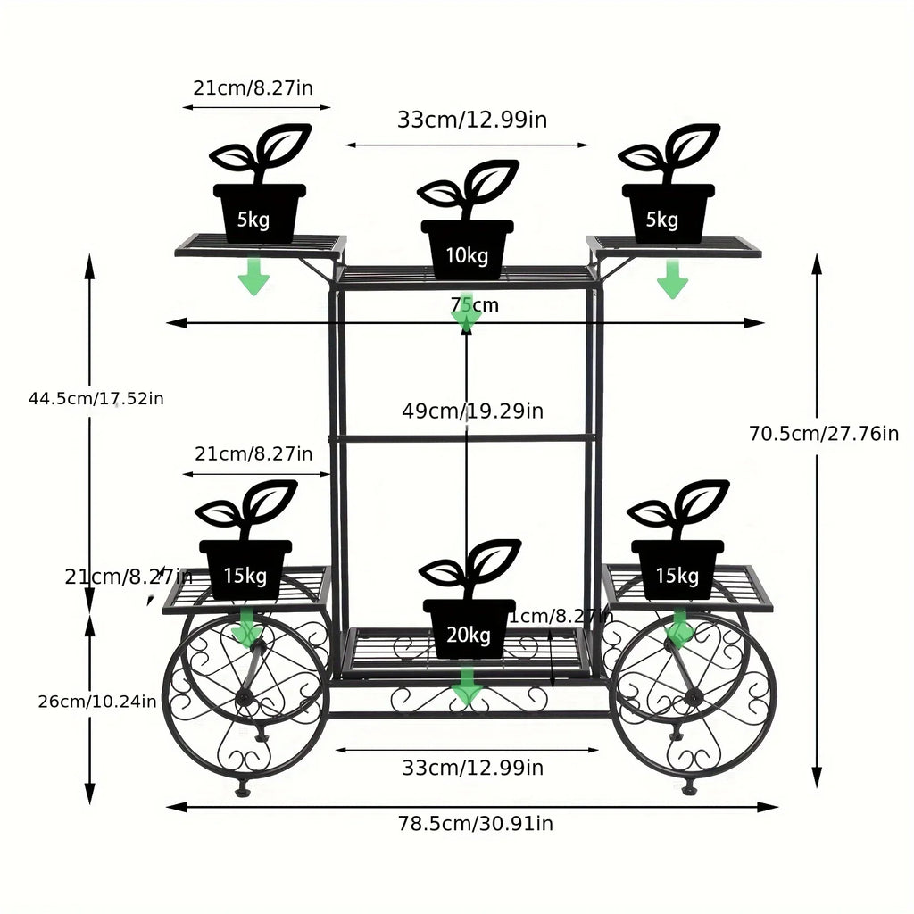 6-tier Metal Garden Cart Stand Iron Plant Rack Home Porch Flower Display Holder, side view - House Of Avana