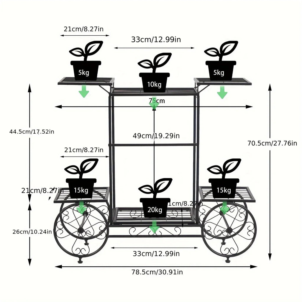 6-tier Metal Garden Cart Stand Iron Plant Rack Home Porch Flower Display Holder, side view - House Of Avana [[SKU:HOA-GDN-011]]
