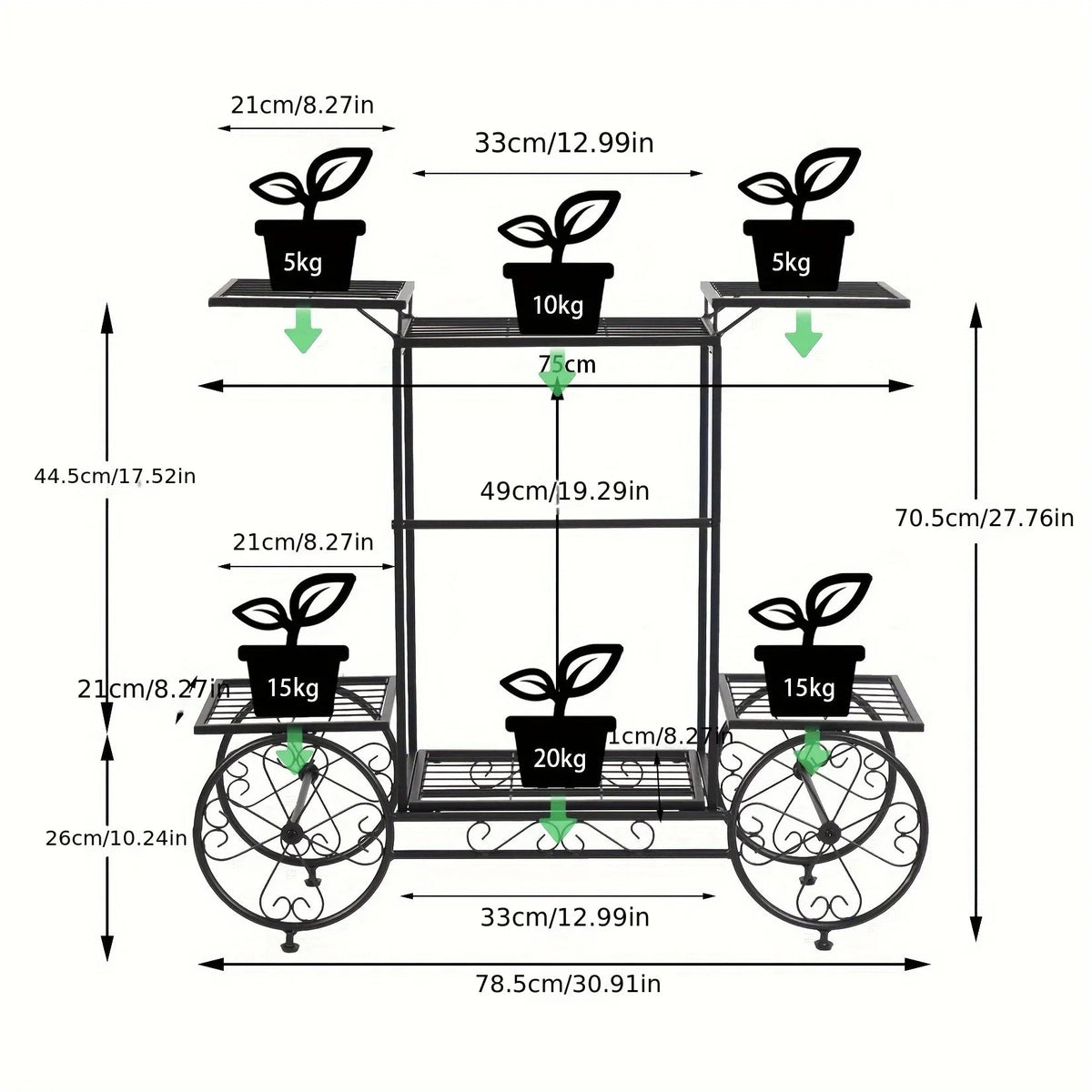 6-tier Metal Garden Cart Stand Iron Plant Rack Home Porch Flower Display Holder, side view - House Of Avana [[SKU:HOA-GDN-011]]