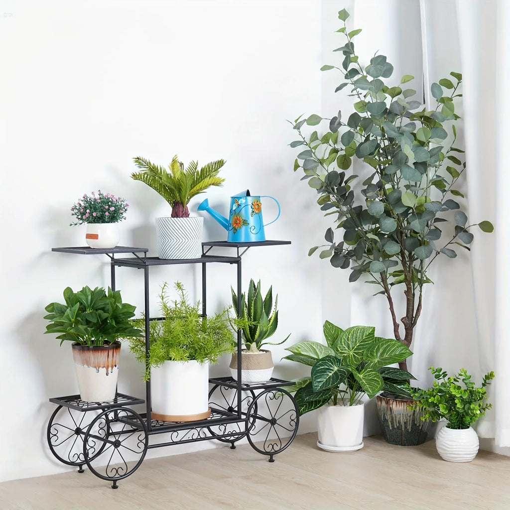 6-tier Metal Garden Cart Stand Iron Plant Rack Home Porch Flower Display Holder, angled view - House Of Avana [[SKU:HOA-GDN-011]]