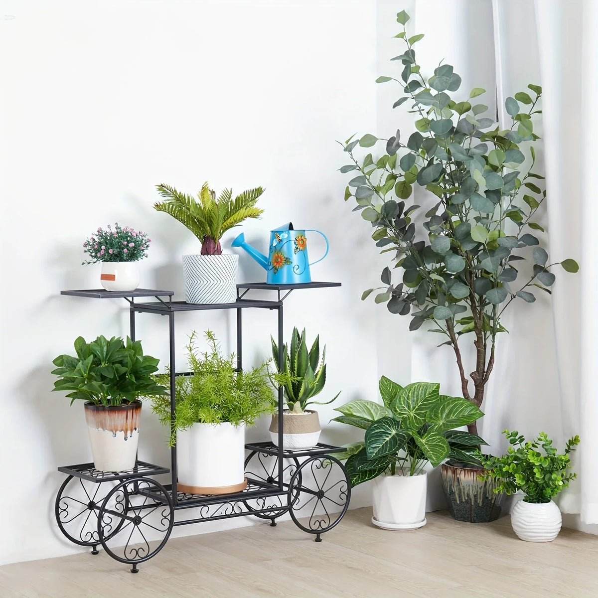6-tier Metal Garden Cart Stand Iron Plant Rack Home Porch Flower Display Holder, angled view - House Of Avana [[SKU:HOA-GDN-011]]