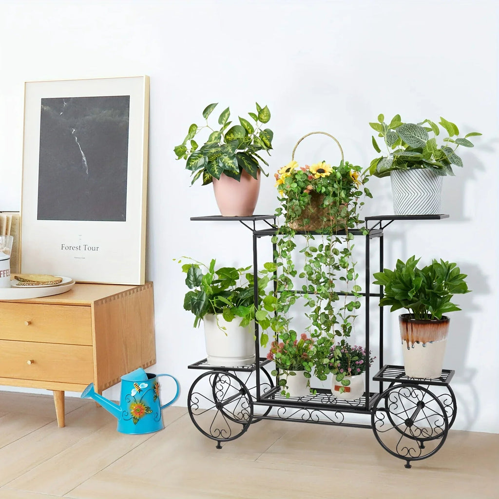 6-tier Metal Garden Cart Stand Iron Plant Rack Home Porch Flower Display Holder, angled view - House Of Avana [[SKU:HOA-GDN-011]]