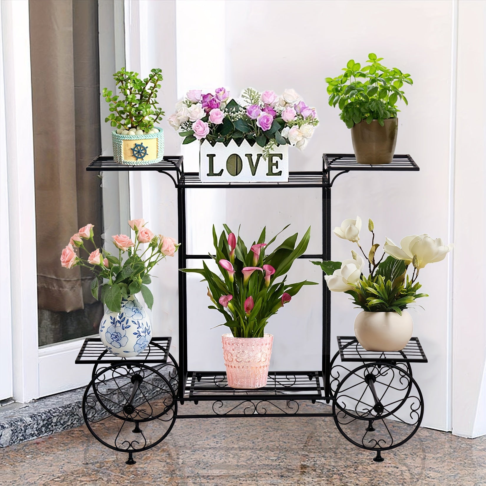 6-Tier Metal Garden Cart Plant Stand Wrought Iron Plants Flower Pots Holder Display Shelf Rack Indoor Outdoor for Decorating House Patio Porch House Of Avana