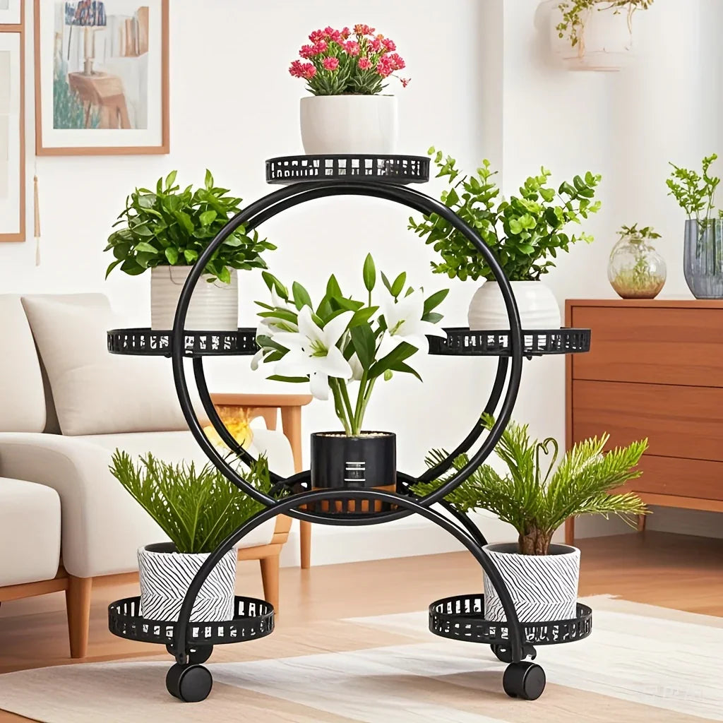 6 Potted Metal Plant Stand Garden Cart Wrought Iron Flower Pots Rack Holder Display Shelf with Wheels... - House Of Avana [[SKU:HOA-GDN-010]]