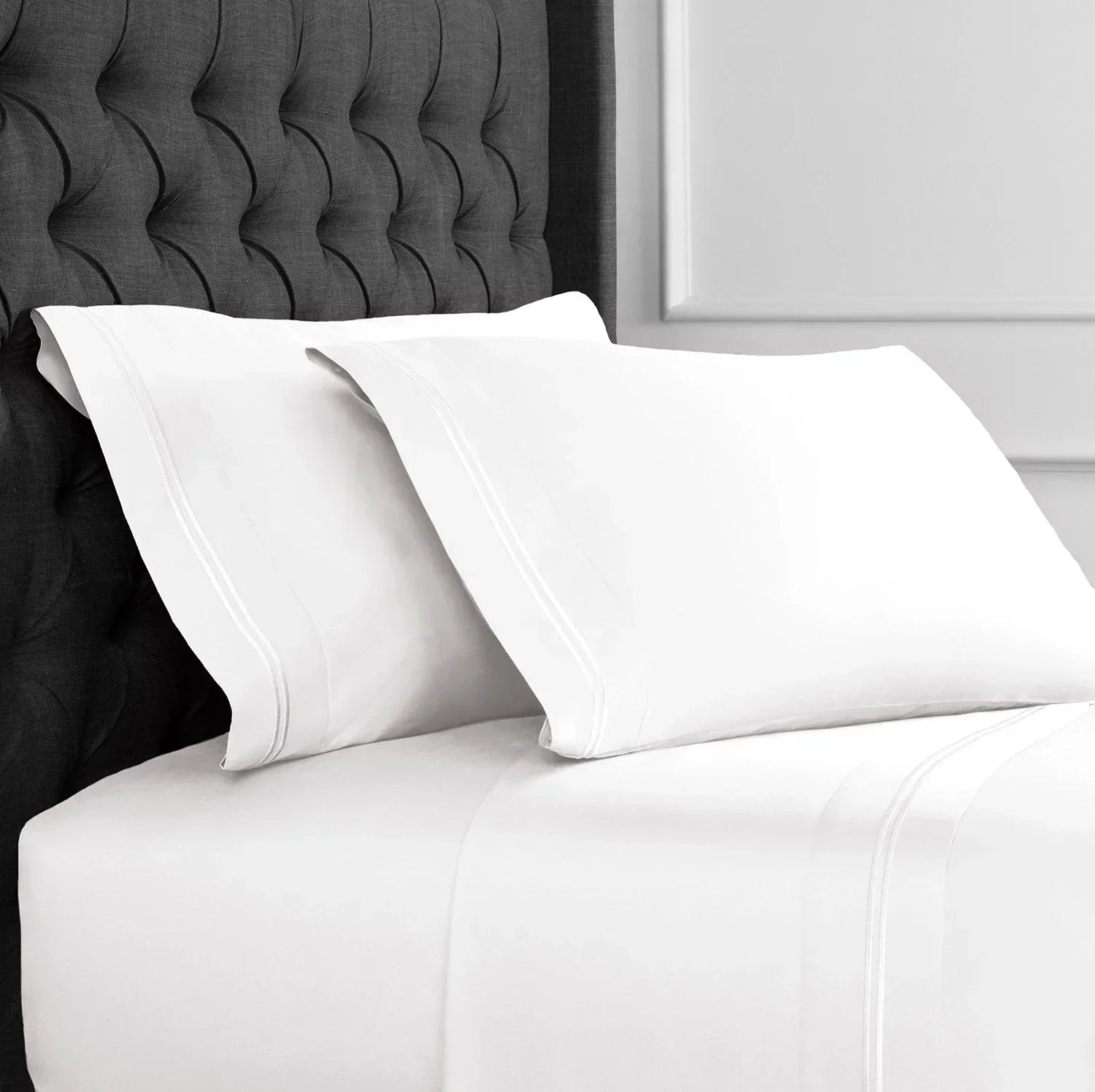 600 Thread Count Border Stripe Embroidered Sheet Set, front view - House Of Avana