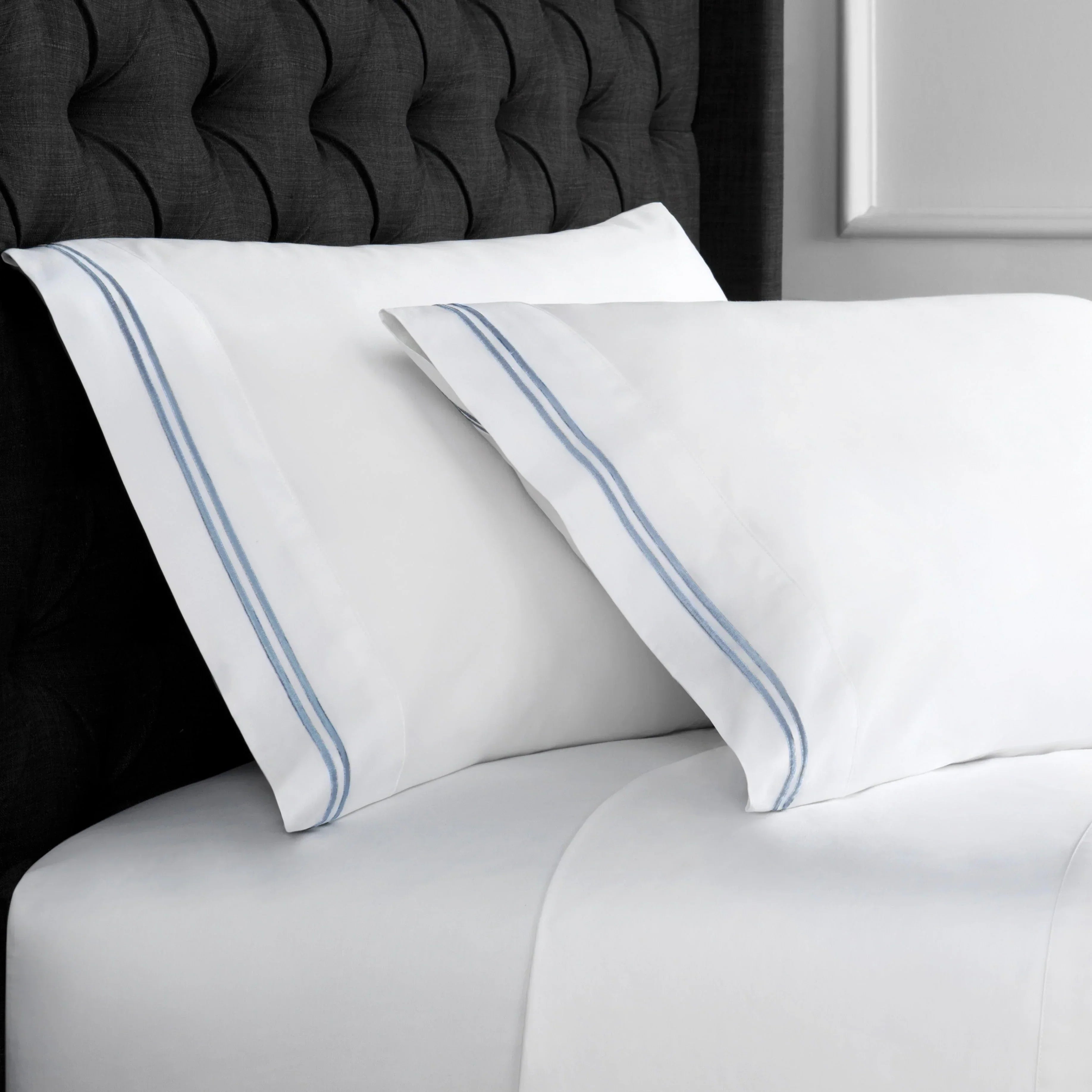 600 Thread Count Double Stripe Embroidered Pillowcases, front view - House Of Avana