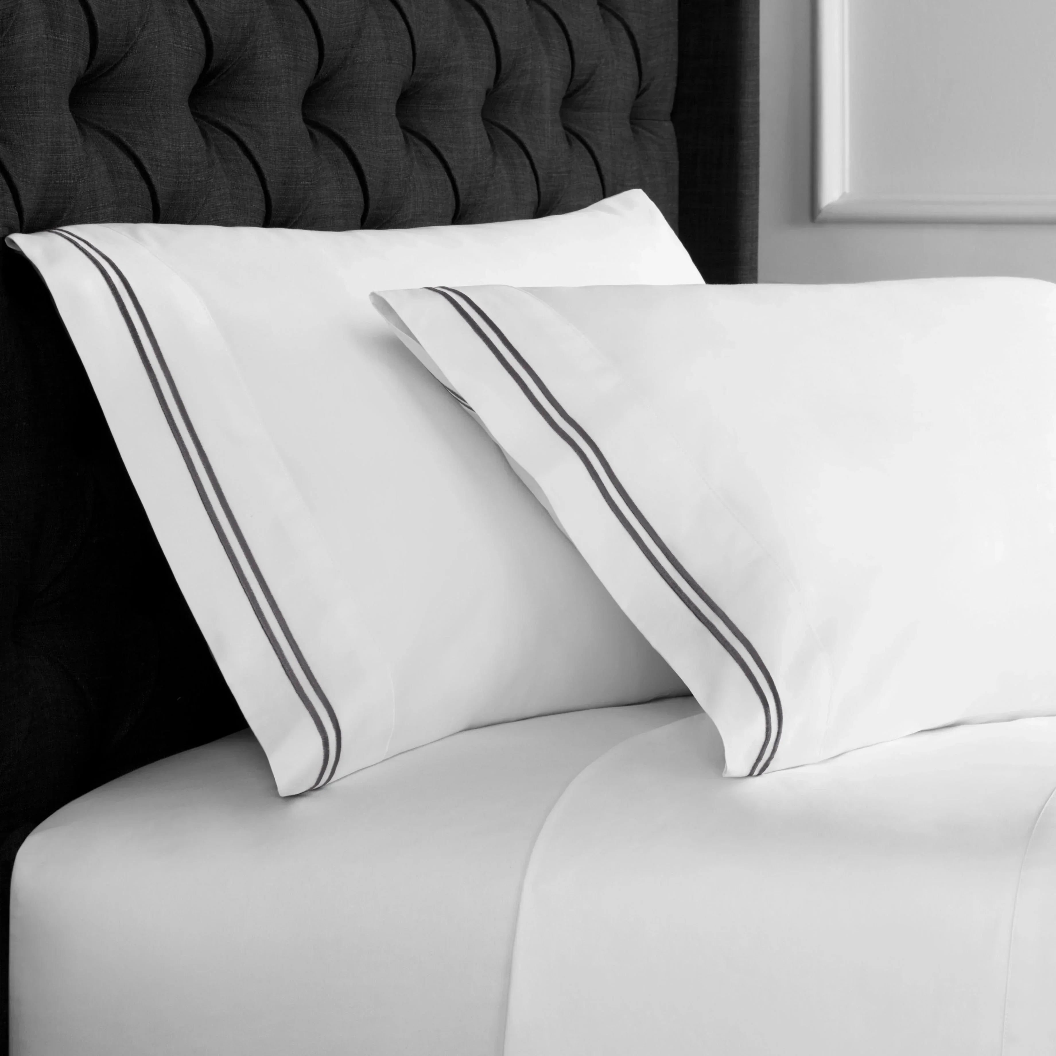600 Thread Count Double Stripe Embroidered Pillowcases, angled view - House Of Avana