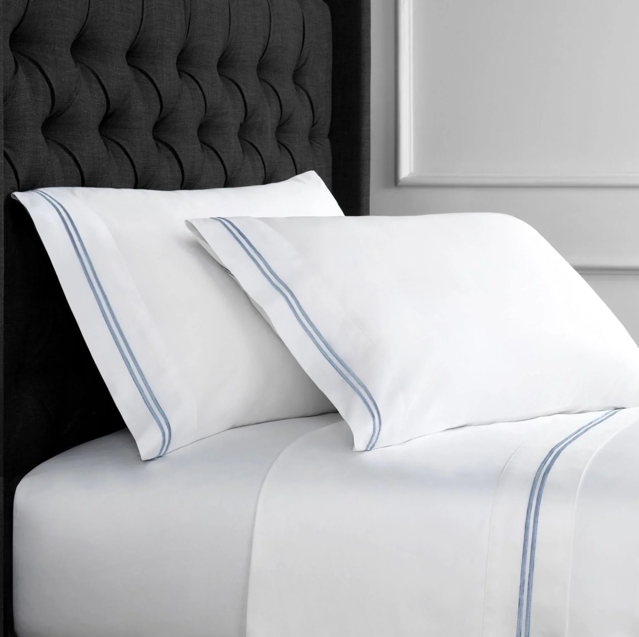 600 Thread Count Double Stripe Embroidered Sheet Set, front view - House Of Avana