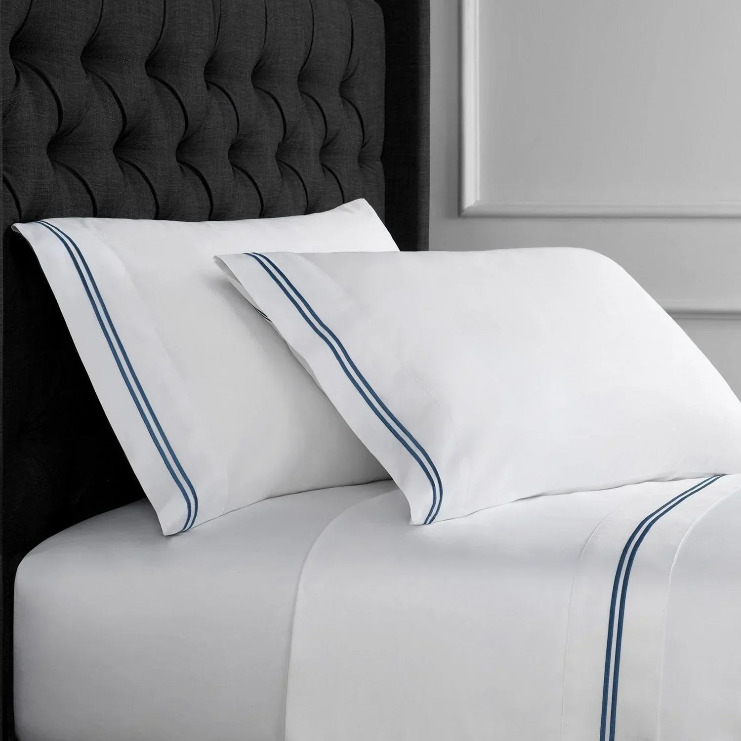 600 Thread Count Double Stripe Embroidered Sheet Set, detail shot - House Of Avana