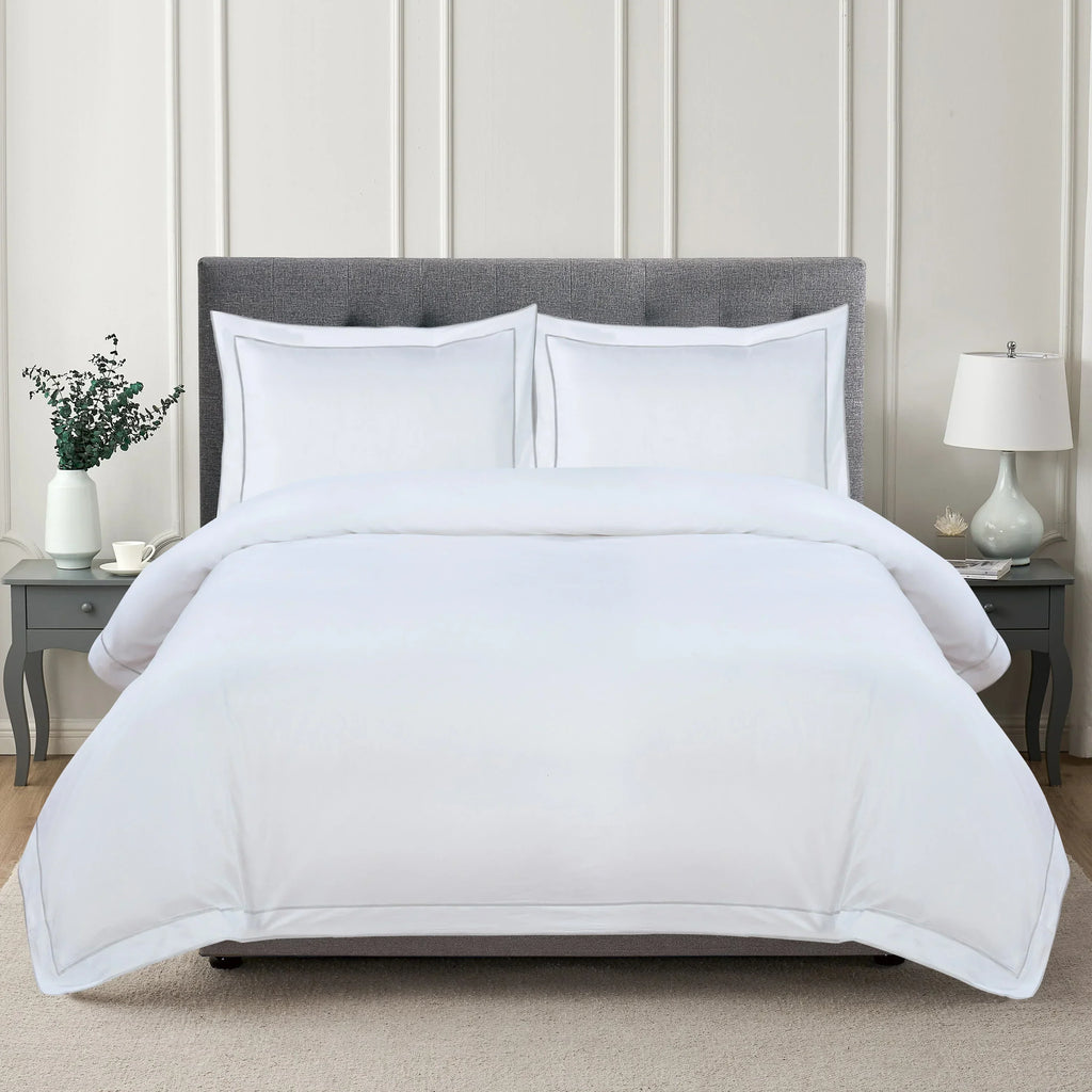 600 Thread Count Framed Sateen Embroidered Cotton Duvet Set, angled view - House Of Avana