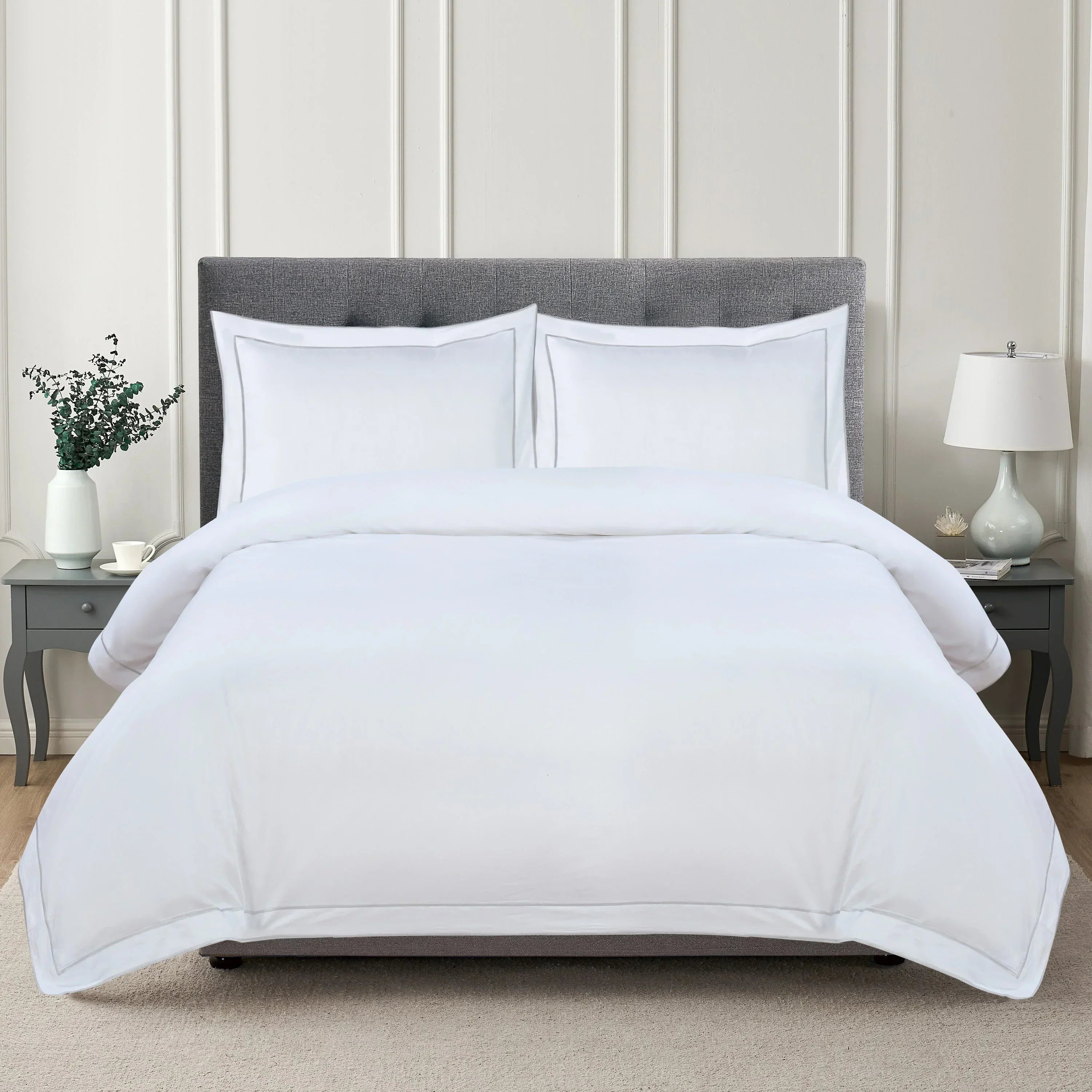 600 Thread Count Framed Sateen Embroidered Cotton Duvet Set, angled view - House Of Avana