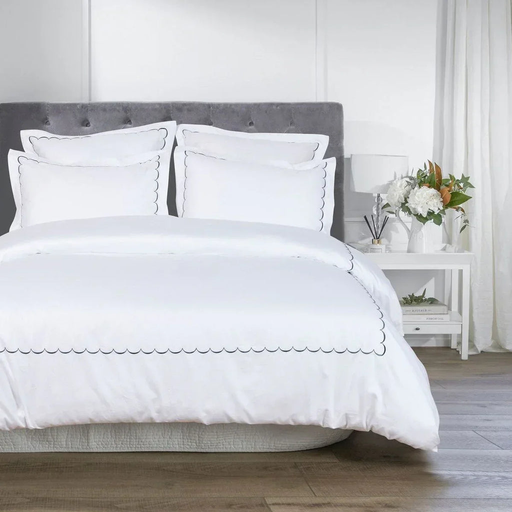 600 Thread Count Scallop Embroidered Duvet Set, close-up view - House Of Avana