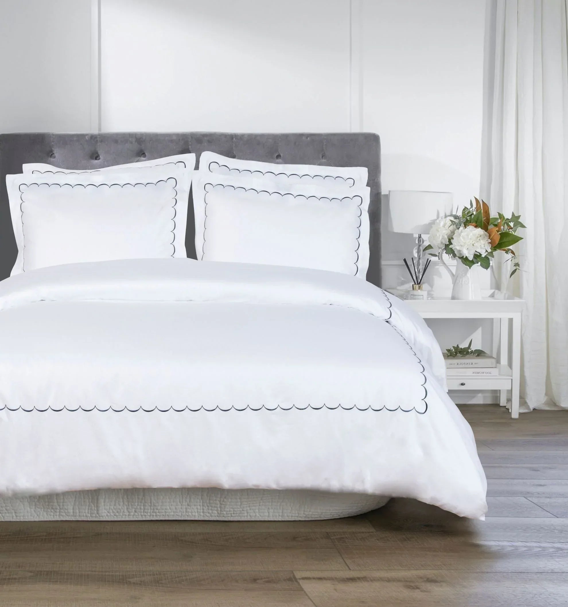 600 Thread Count Scallop Embroidered Duvet Set, back view - House Of Avana