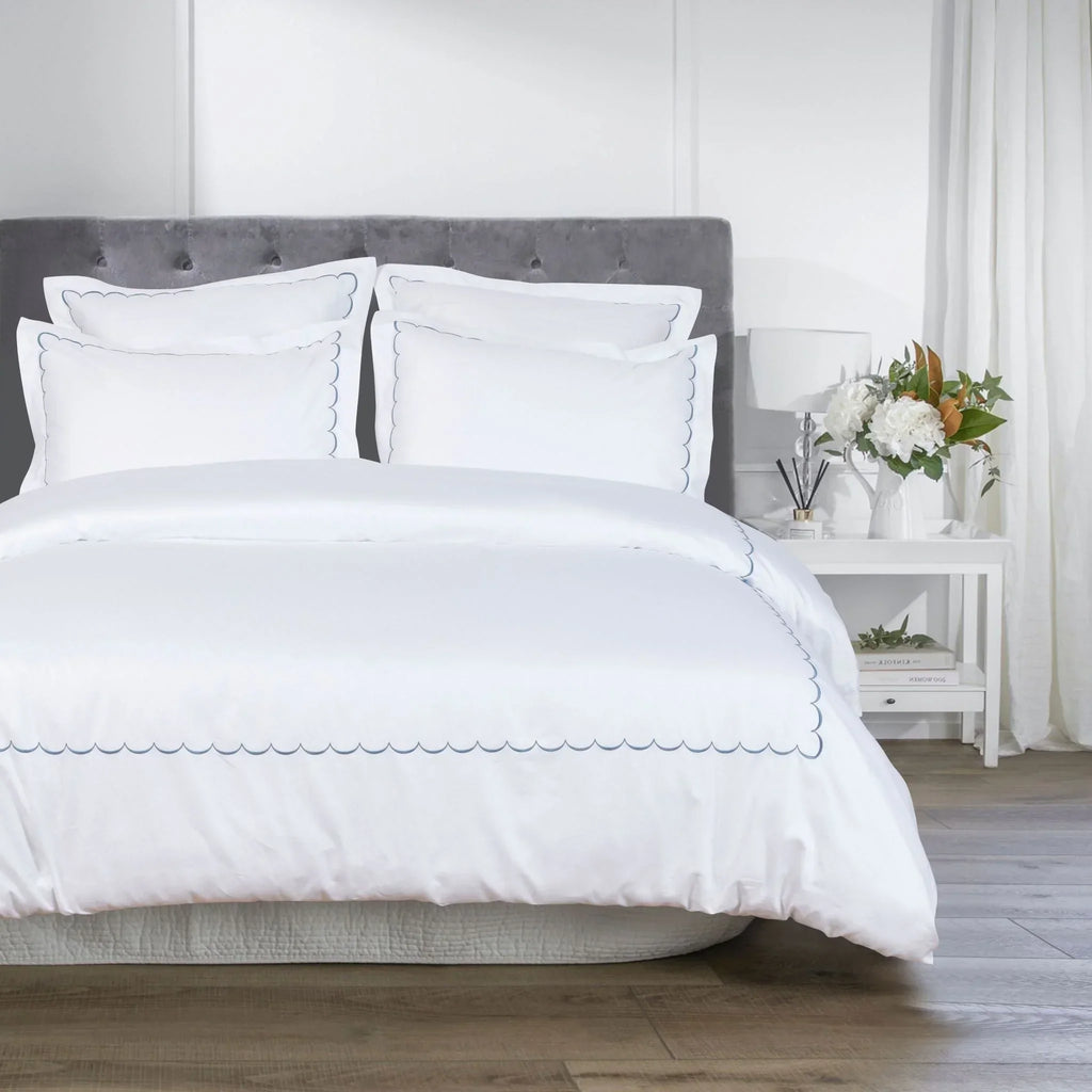 600 Thread Count Scallop Embroidered Duvet Set, angled view - House Of Avana