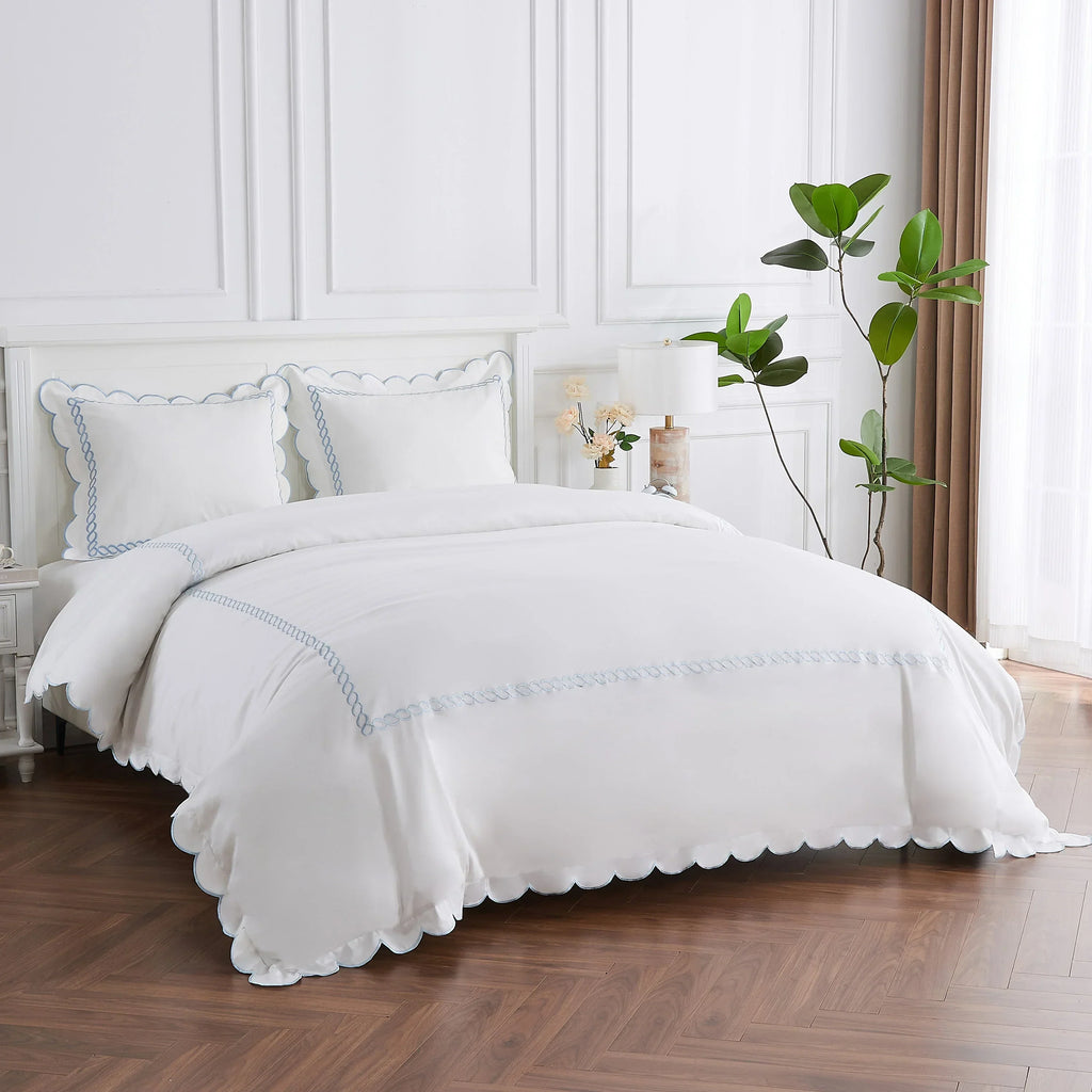 600 Thread Count Scallop Rope Embroidered Cotton Duvet Set, side view - House Of Avana