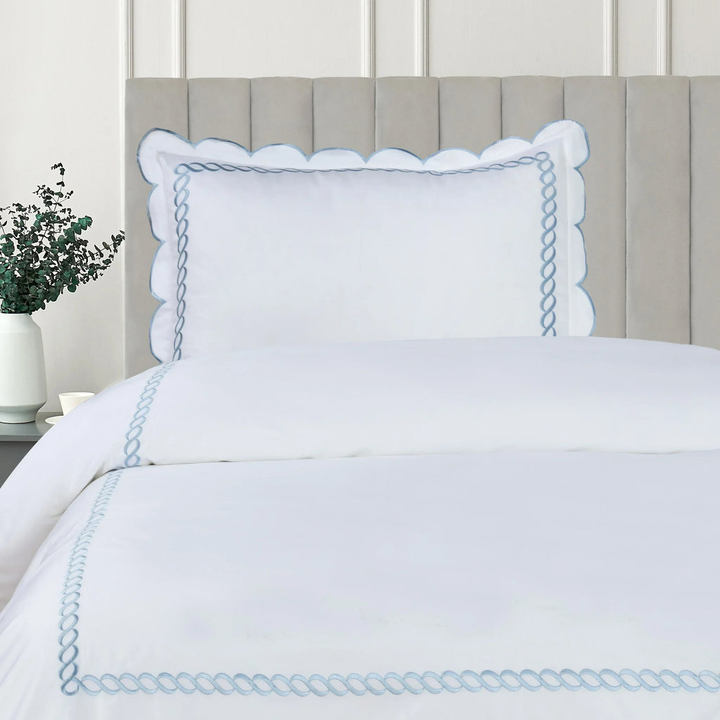 600 Thread Count Scallop Rope Embroidered Cotton Duvet Set, angled view - House Of Avana