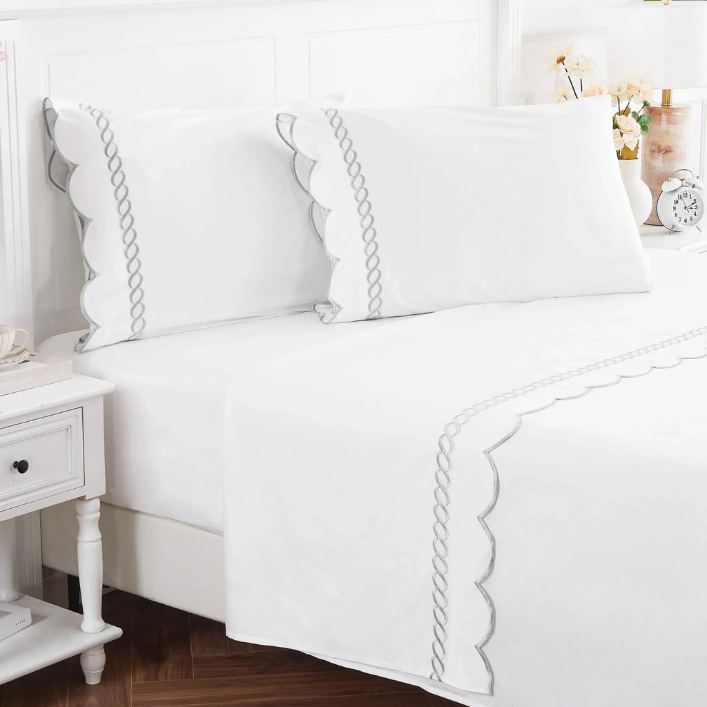 600 Thread Count Scallop Rope Embroidered Cotton Pillowcase Pair Mélange Home