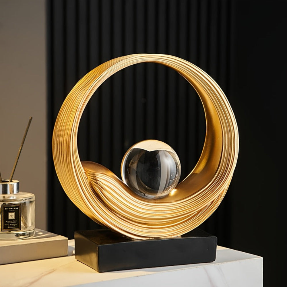 Circle Sculpture with Clear Ball – Gold Resin [[SKU:HOA-SCU-546]]
