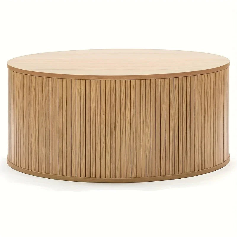 Mid-Century Modern 80.01cm Round Oak Wood Coffee Table with Storage, Natural Grain Design, Portable Center Table for Living Room, Engineered Wood Construction, Easy Assembly, Coffee Table for Living Room House Of Avana