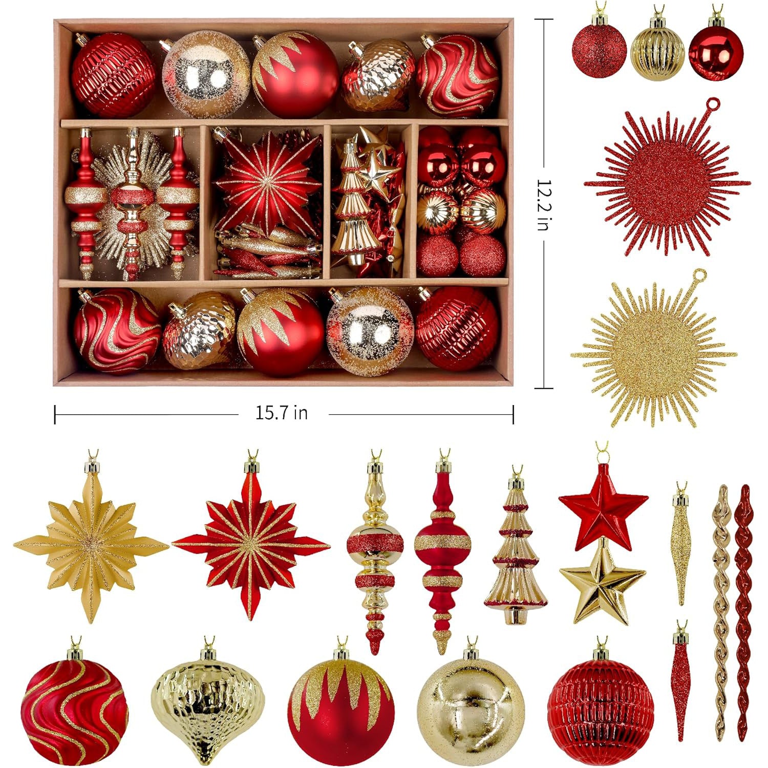 80pcs Christmas Ornaments Set, Shatterproof Heavy-Duty Plastic Decorations with Hanging Strings, for Xmas Tree Wreaths Weddings Parties, Large Red & Golden Spherical Shapes Golden Star, Indoor/Outdoor & Pets House Of Avana