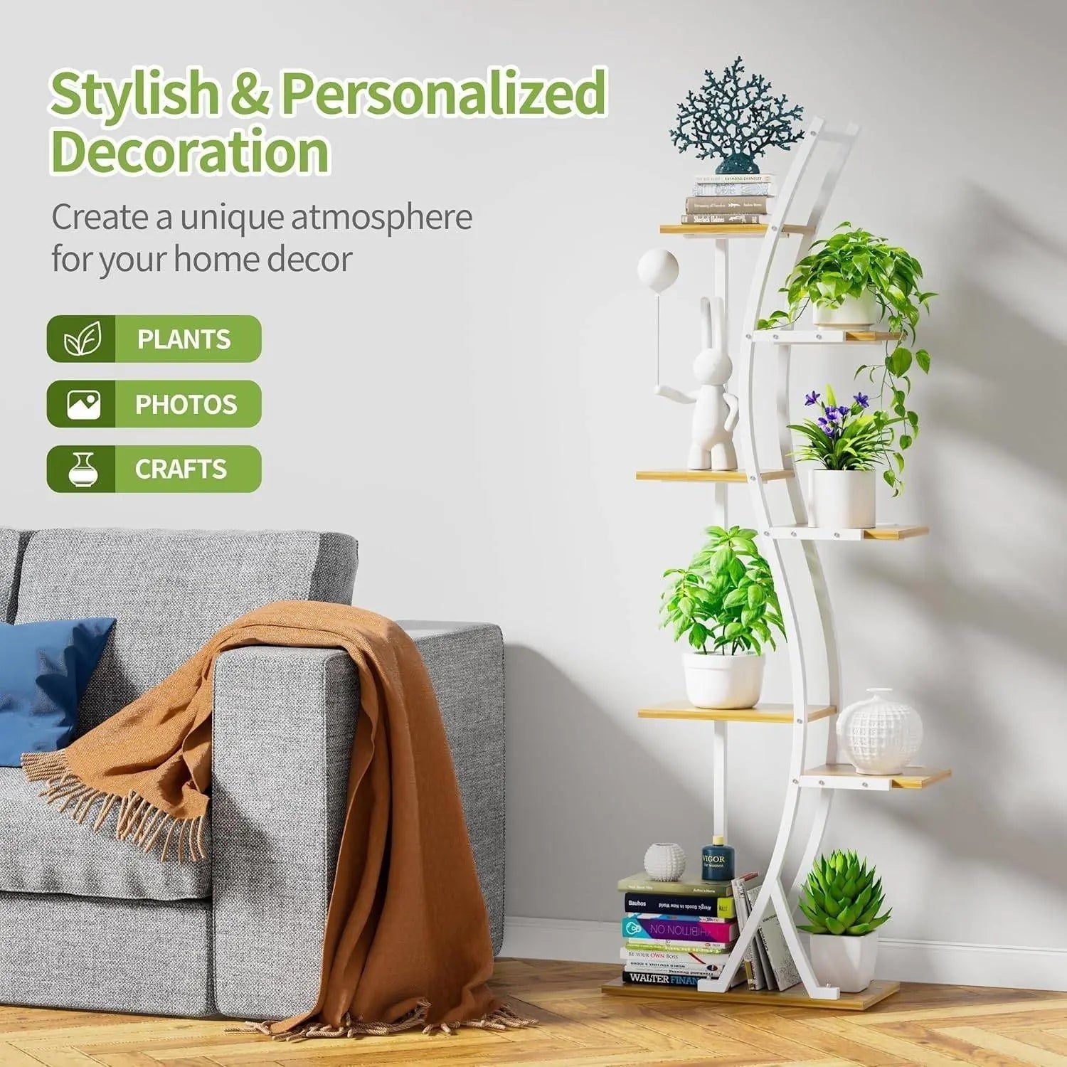 63-inch Tall Indoor Plant Stand with White Metal Frame and Wood Finish Shelves