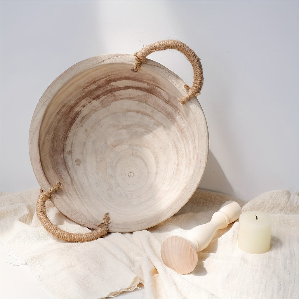 [Rustic Wooden Decorative Bowl] Rustic 11.2 Inch Paulownia Wood Decorative Bowl - Dough Bowl with Rope Handle - Natural Table Centerpieces Bowl for Home Boho Decor House Of Avana