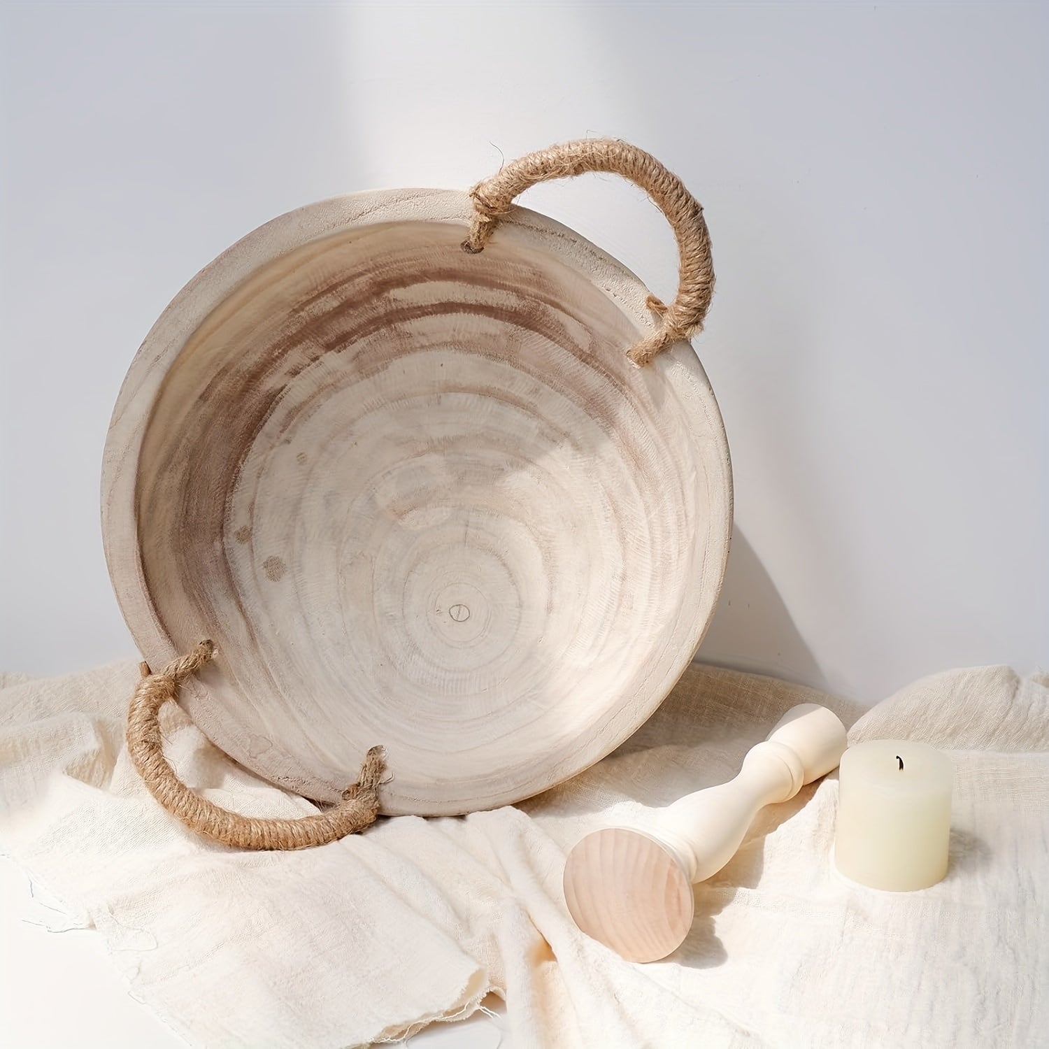 [Rustic Wooden Decorative Bowl] Rustic 11.2 Inch Paulownia Wood Decorative Bowl - Dough Bowl with Rope Handle - Natural Table Centerpieces Bowl for Home Boho Decor House Of Avana