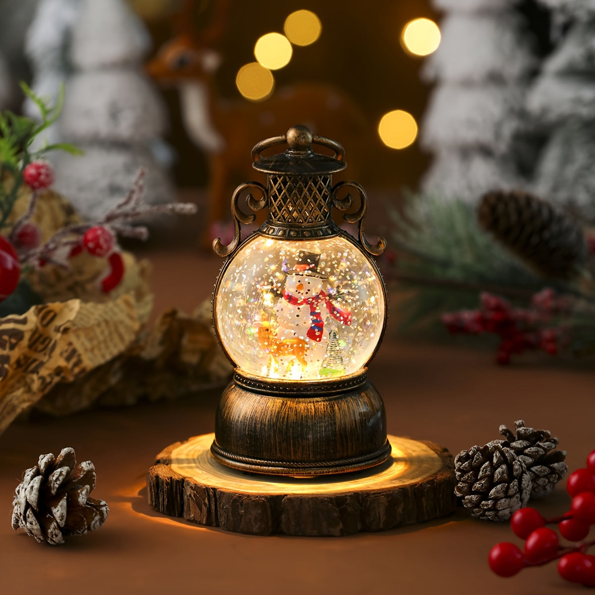 1pc Vintage-Style USB-Powered Glowing Snowfall & Music Box with Rotating Dome Lid - Self-Lit Resin/PC Ornament, Water-Filled Centerpiece with Twinkling Lights, Battery-Free Operation (USB Plug-in) - Christmas Tree & Home Deco House Of Avana