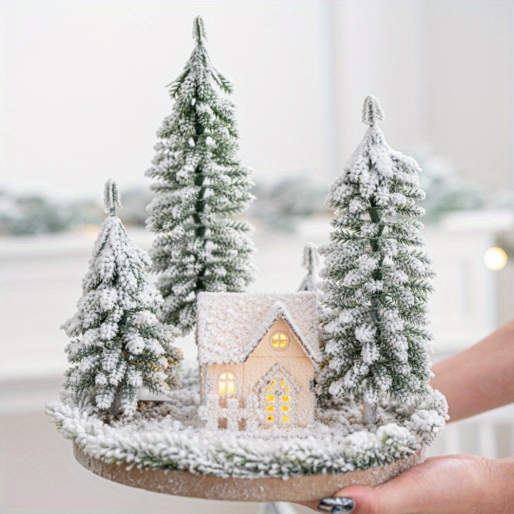 Mini Artificial Christmas Tree and House Set with Glowing Lights - Round Base, Battery-Powered, Ideal for Holiday Decorations, Winter Season, Christmas Tree Decorations, Best for Christmas, Perfect for Thanksgiving House Of Avana
