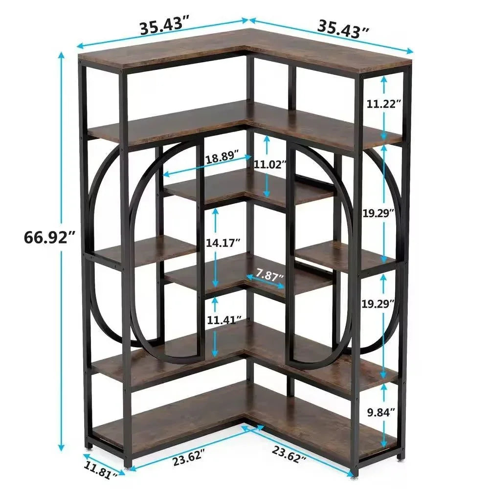 67-inch Tall Modern Industrial Metal Wood Corner Bookcase