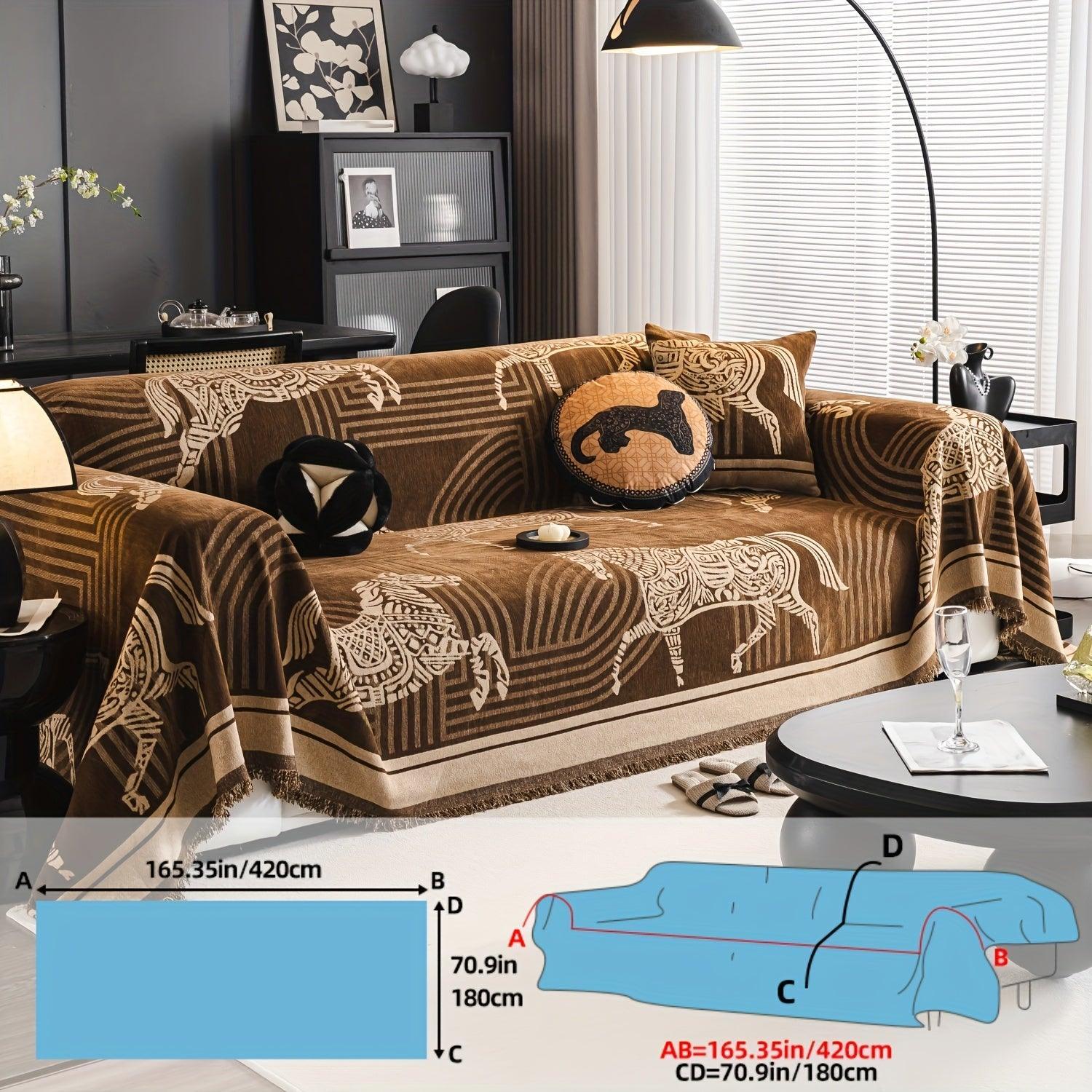 Luxurious Chenille Horse Design Sofa Cover Decor in Orange & Green topspet