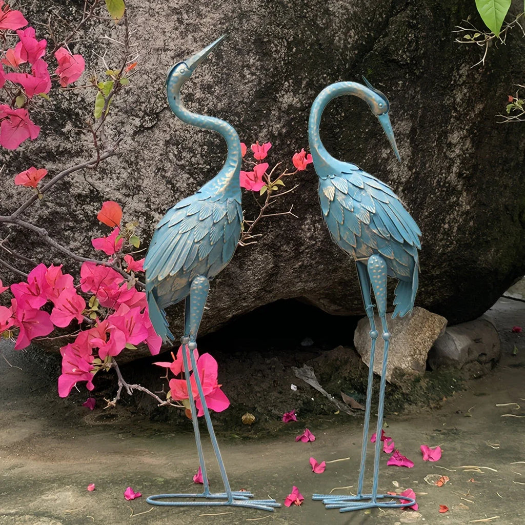 Set of 2 Crane Garden Statues – Blue Metal [[SKU:HOA-SCU-555]]