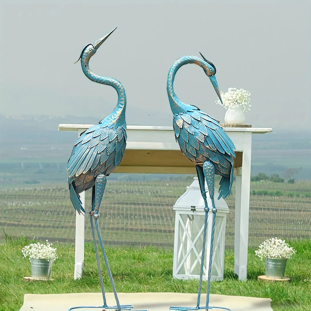 Set of 2 Crane Garden Statues – Blue Metal [[SKU:HOA-SCU-555]]