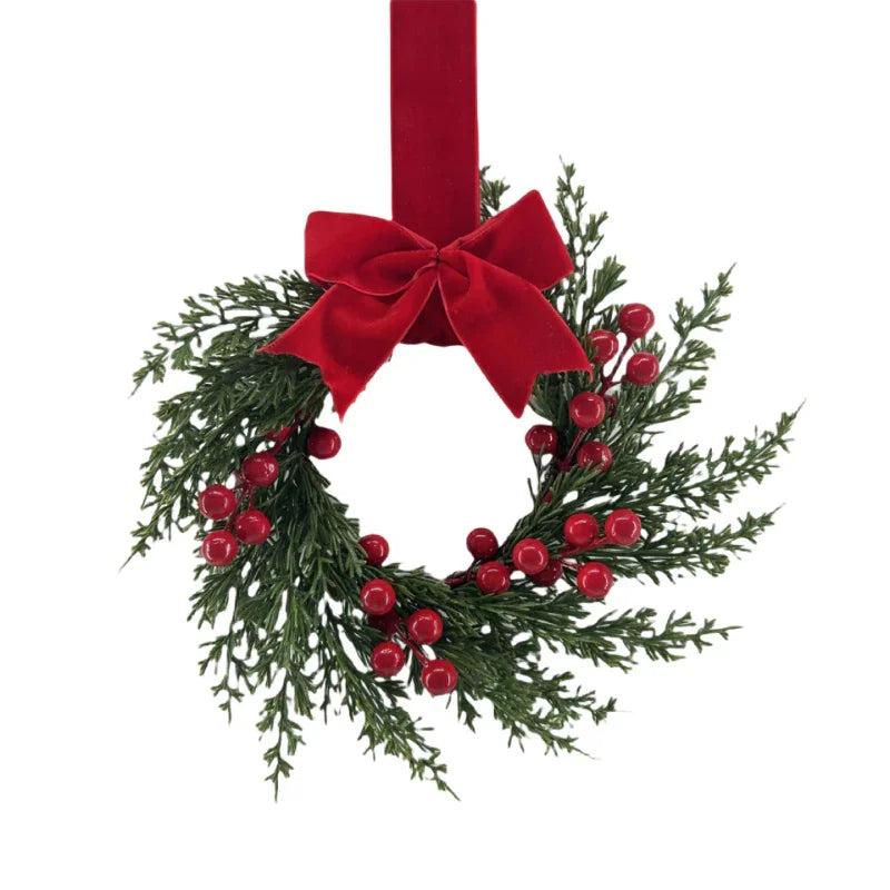 25.4 cm Artificial Faux Norfolk Pine Christmas Wreath with Red Berries, Burgundy Bow & Snow-Like Foliage - Pre-Decorated All-Weather /Outdoor Xmas Door Hanging Decoration, Easy to Install (No Maintenance) - Plastic Green Wrea House Of Avana