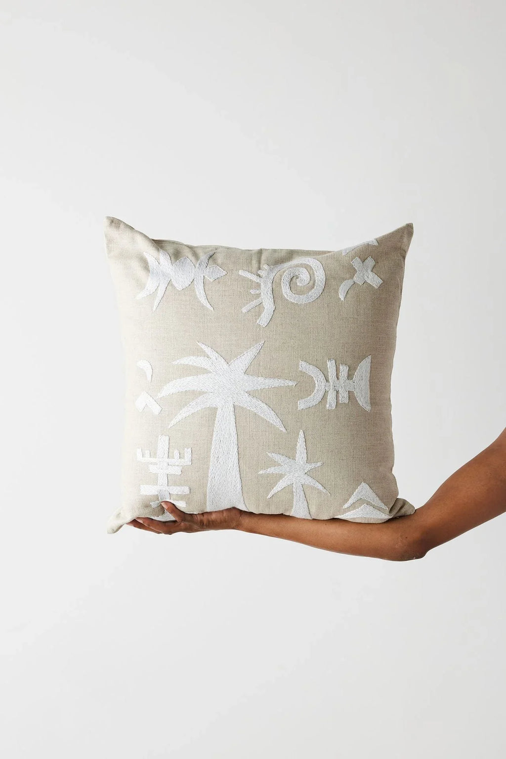 Keiskamma Natural White Linen & Silk Embroidered Throw Pillow Kanju Interiors
