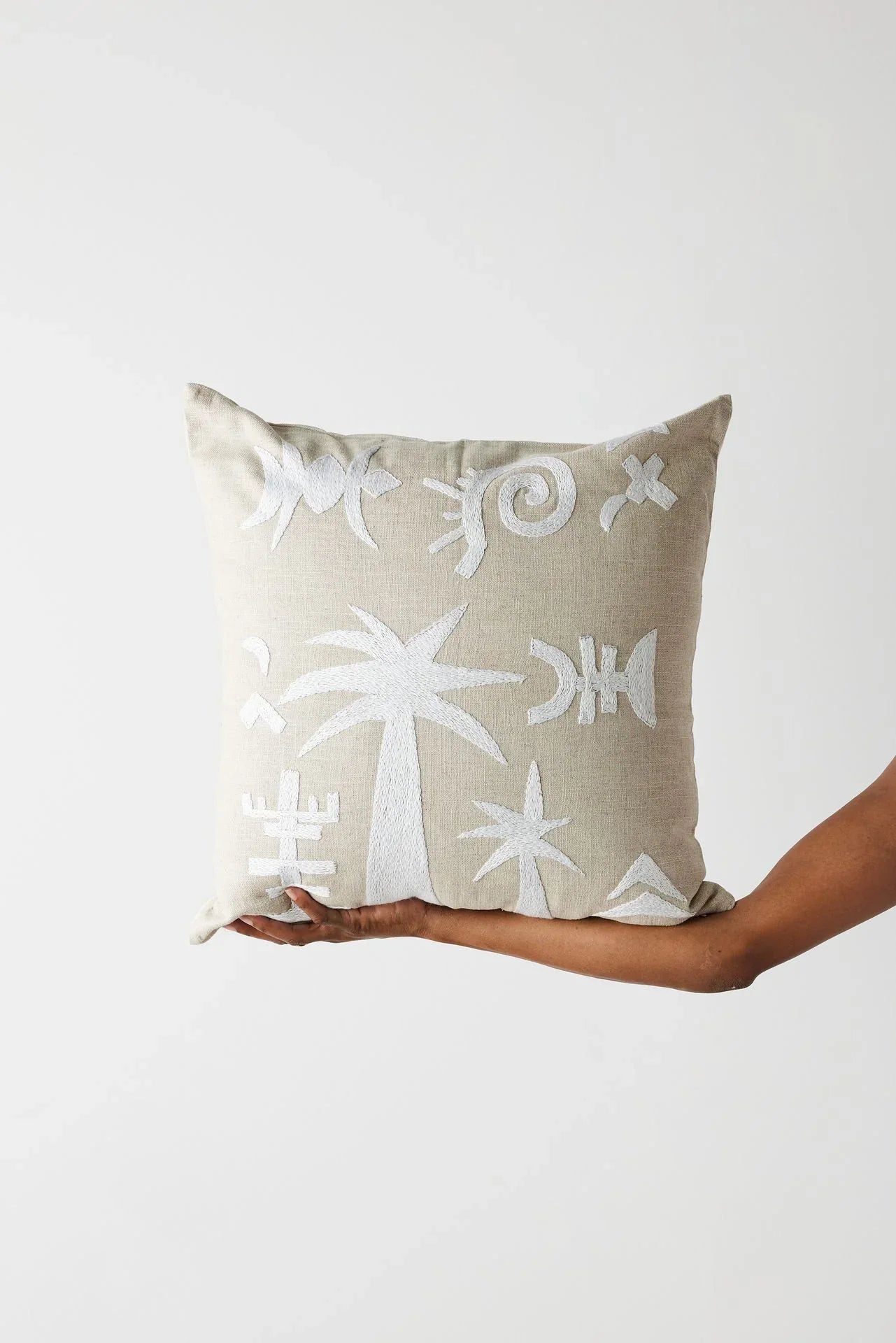 Keiskamma Natural White Linen & Silk Embroidered Throw Pillow Kanju Interiors