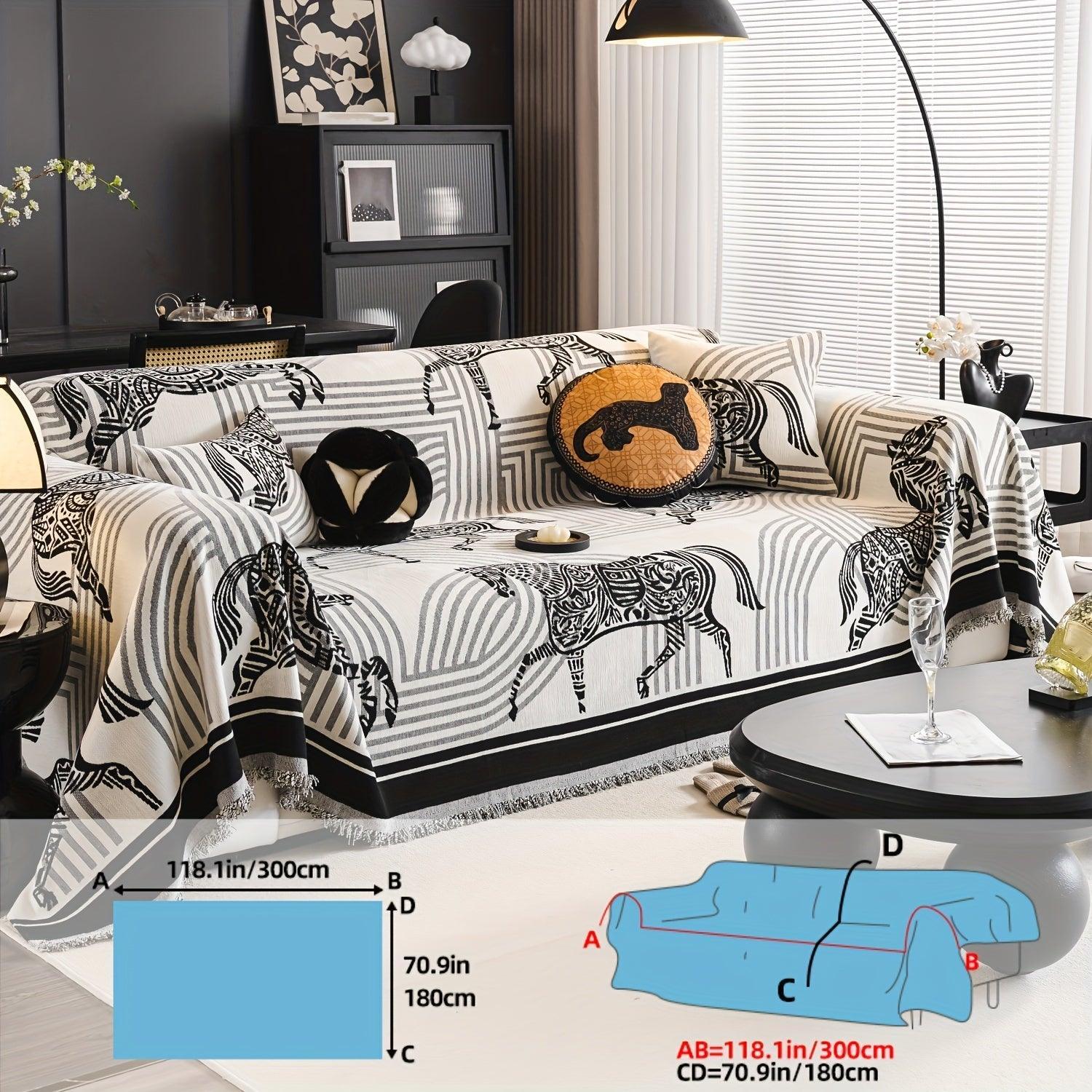 Luxurious Chenille Horse Design Sofa Cover Decor in Orange & Green topspet