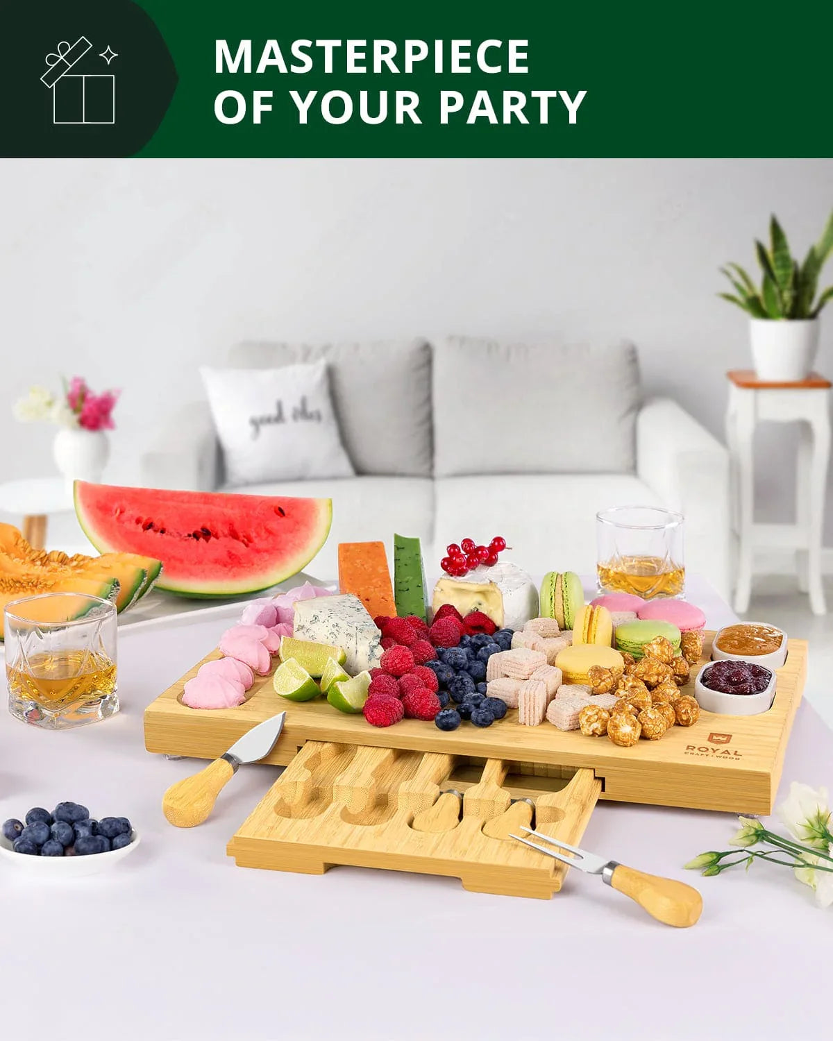 Cheese Board Set w/knives, 16.5“x11” Royal Craft Wood