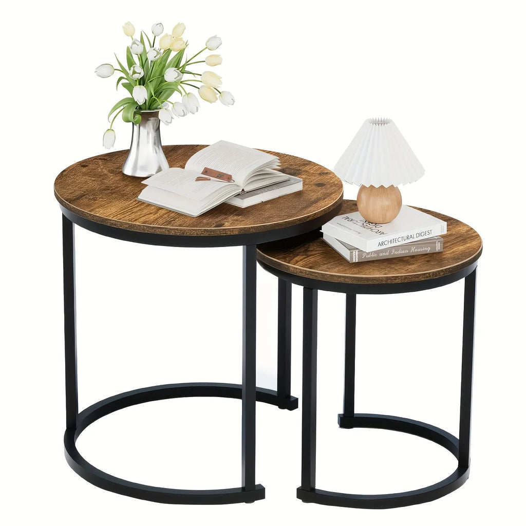 Nesting Coffee Table Set of 2, Round Coffee Table with Wood Grain Top, Non-slip, Industrial Grade Side Table, Suitable for Living Room, Bedroom, Balcony, Courtyard House Of Avana