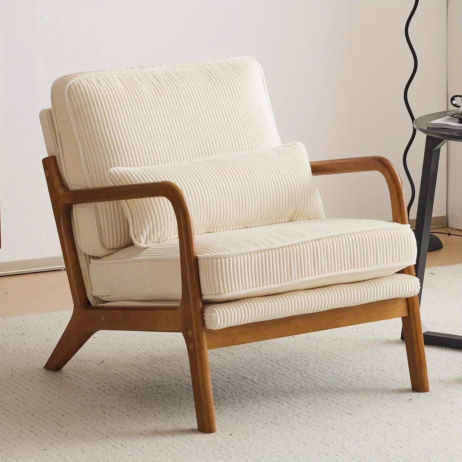 Mid-Century Modern Blue & White Striped Accent Armchair with Lumbar Pillow - 16cm Thick Seat Cushion, Wooden Armrests, Cozy Lounge Chair for Bedroom, Living Room, Reading Nook, Armchair for Living Room, Bedroom Seating, Minim House Of Avana