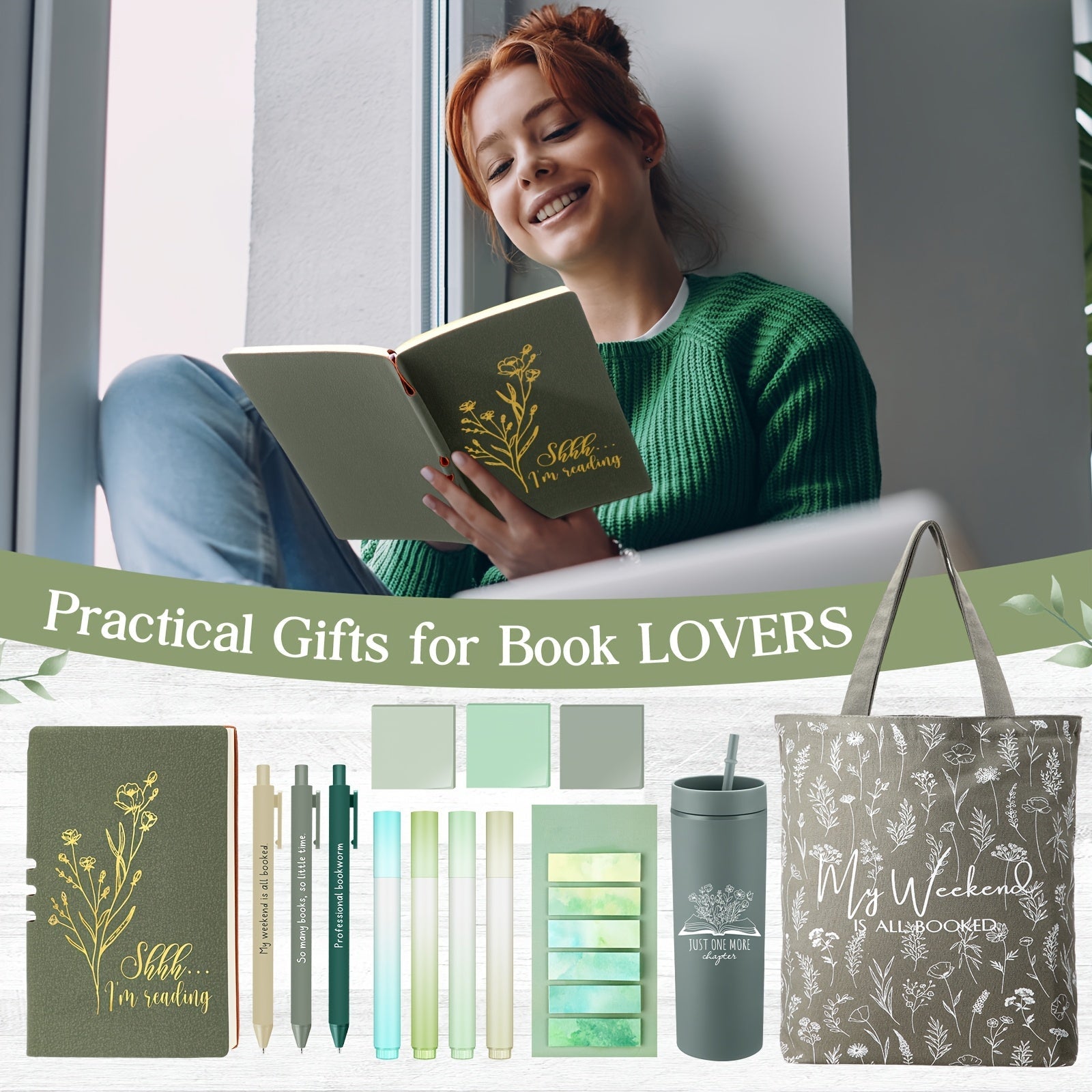 14pcs Book Lovers Gift Set 16oz Green Plastic Tumbler Canva Bag A6 Journal Notebook Ballpoint Pens Sticky Notes Highlighters for Librarian Bookworm Readers Nurse Study House Of Avana