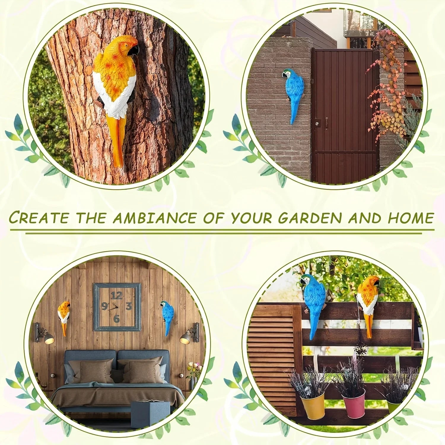 2pcs Art Deco Resin Parrot Sculptures - 12-Inch Lifelike Macaw Statues, Vibrant Green & Red Tropical Bird Wall Decor for Garden, Lawn, Tree, Outdoor Wedding Decoration, Wall-Mounted No Battery Needed, Garden Art | Detailed Fe House Of Avana