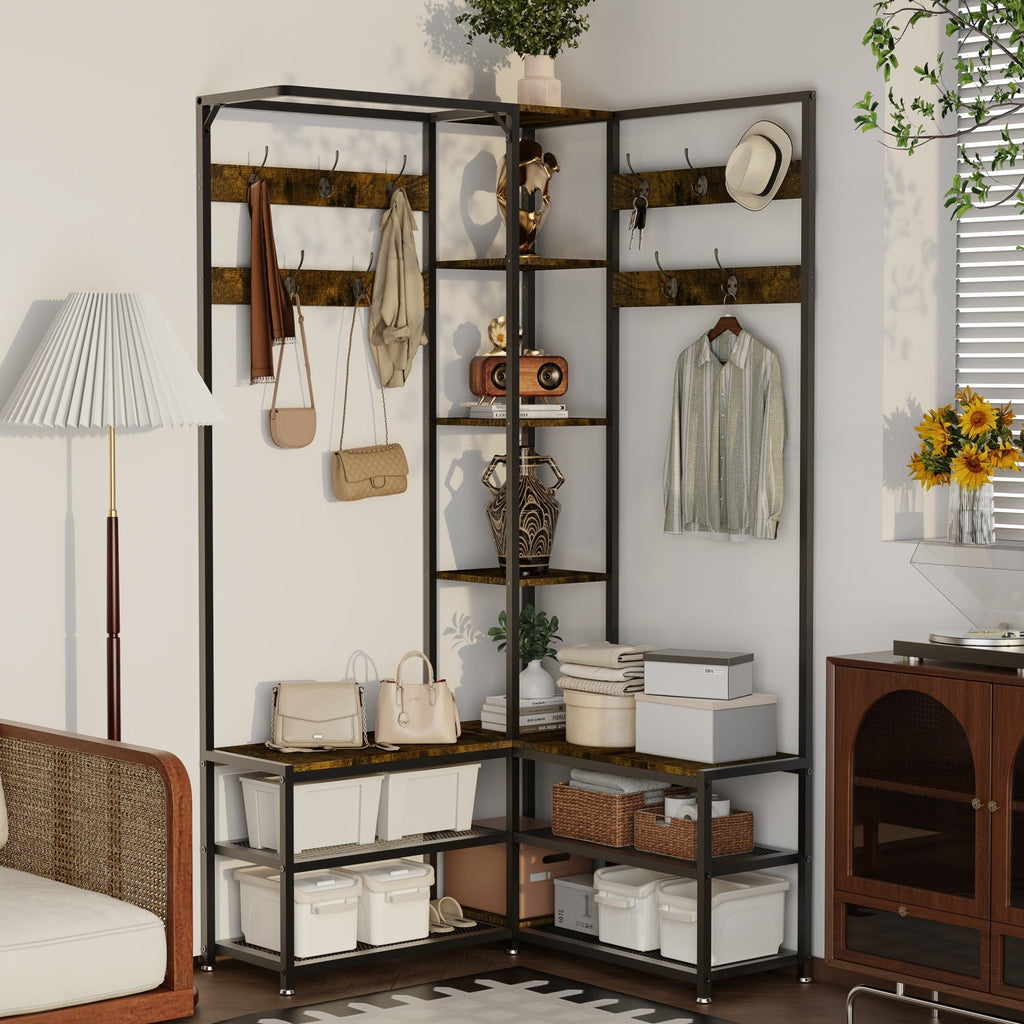 178.5cm H Coat Rack Shoe Bench: Industrial Corner Coat Stand with Shoe Rack Storage Bench for Entryway, Coat Rack Stand with 10 Hooks for Living Room, Bedroom, Rustic Brown House Of Avana