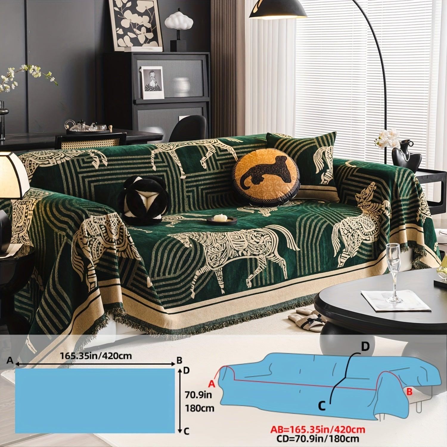 Luxurious Chenille Horse Design Sofa Cover Decor in Orange & Green topspet