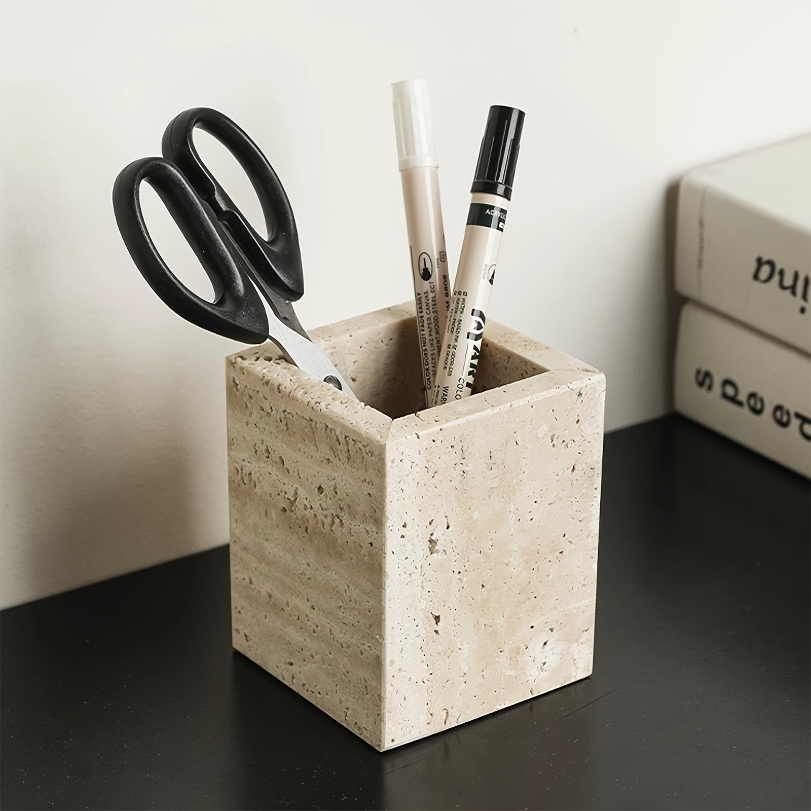 Travertine Desk Organizer - Natural Beige Stone Multi-Purpose Storage for Pens, Makeup Brushes, Toothbrush | Durable Vanity Tray & Pen Holder for Office, Bathroom, Bedroom Decor, Vanity Desk, Handcrafted Look, Home Organizati House Of Avana