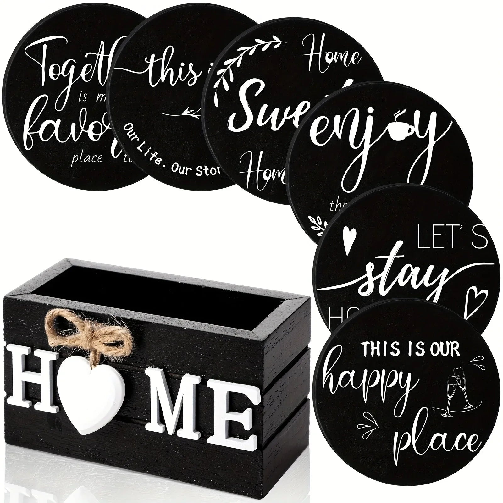 6pc Black Wooden Heart Coasters with Holder - House Of Avana