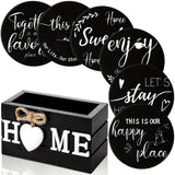 6pc Black Wooden Heart Coasters with Holder Black Coasters House Of Avana