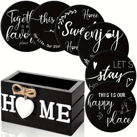 6pc Black Wooden Heart Coasters with Holder Black Coasters House Of Avana